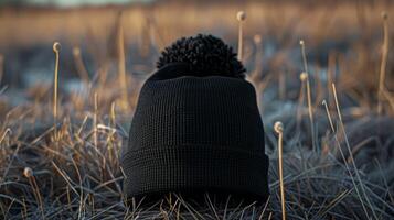 A black hat with a pom pom sits on a field of dried grass photo
