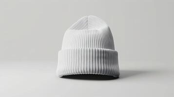 A white knit hat with a black band sits on a white background photo