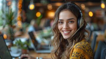 Smiling contract service telemarketing operator using laptop having conversation. Happy Indian call center agent wearing headset talking to client working in customer support office. Authentic shot photo