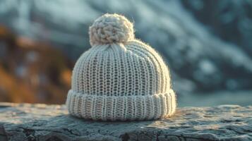 A white knit hat with a pom pom sits on a rock photo
