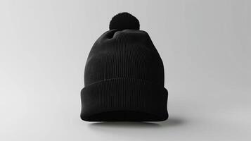 A black knit hat with a pom pom on top photo