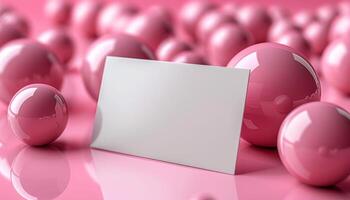 A white card is placed on a pink background with many pink balls photo