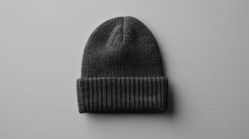 A black knit hat is sitting on a gray surface photo