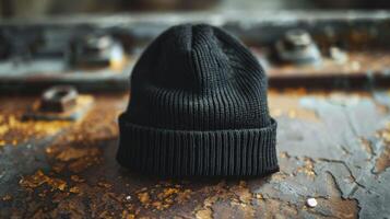 A black knit hat is sitting on a rusty surface photo