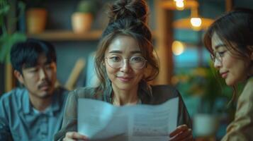 Young Asian account manager advisor lawyer showing paper documents to Latin client partner, diverse professional colleagues discussing tax financial contract papers working in office at meeting photo