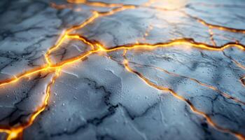A cracked and broken surface with orange streaks of lava photo