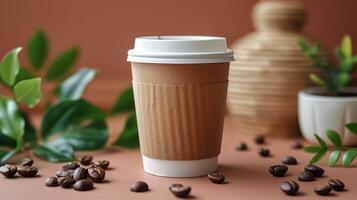 A coffee cup with a white lid sits on a table with a pile of coffee beans photo