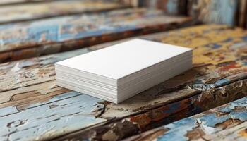A stack of white business cards sits on a wooden surface photo