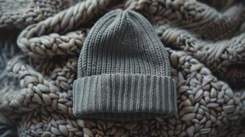 A gray knit hat is sitting on a blanket photo