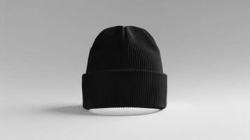 A black knit beanie hat is sitting on a white background photo