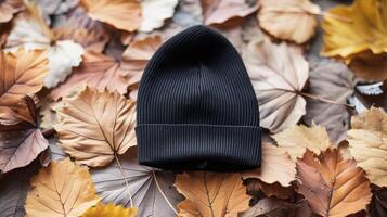 A black beanie is sitting on top of a pile of yellow leaves photo