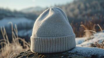 A knitted hat is sitting on a rock in the snow photo