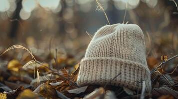 A white knit hat is laying on the ground in a field of autumn leaves photo
