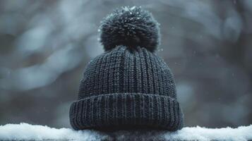 A black knit hat with a pom pom on top photo