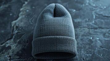 A gray knit hat is sitting on a gray surface photo