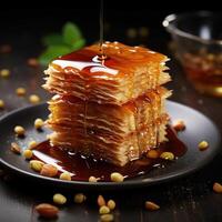 A plate of baklava with nuts photo