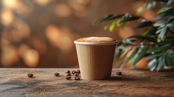A cup of coffee with a few coffee beans on the table photo
