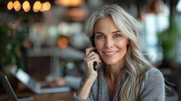 Happy smiling mature middle aged business woman, 40s professional lady executive manager talking on the phone making business call on cellphone at work in office using laptop computer photo
