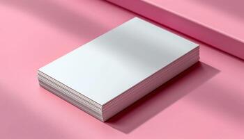 A stack of white business cards is on a pink surface photo