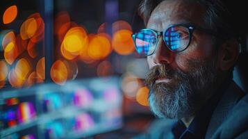 Professional business man company employee, busy Indian male worker software developer, businessman analyst looking at computer thinking on online data management using laptop working at office photo