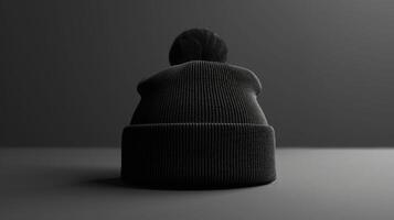 A black knit hat with a fuzzy pom pom on top photo