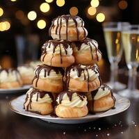 Cream puffs drizzled with chocolate ganache photo