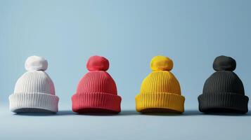 Four knit hats of different colors and sizes photo