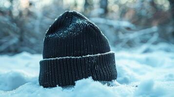 A black knit hat is sitting on top of a pile of snow photo