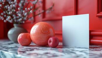 A white card sits on a table next to a vase of flowers and three apples photo