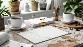 A white table with two cups of coffee, a book, and a piece of paper photo