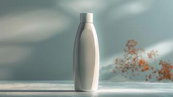 A bottle of lotion is sitting on a table in front of a tree photo
