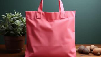 A pink bag sits on a table next to a potted plant photo