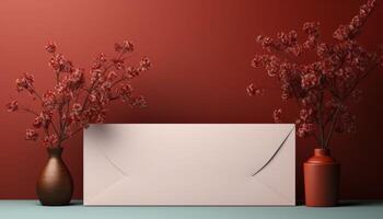 A white envelope sits on a table next to two vases of red flowers photo