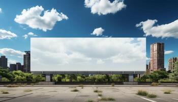 A large billboard sits in a parking lot in front of a city skyline photo