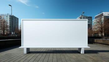 A large white billboard sits empty in front of a city skyline photo