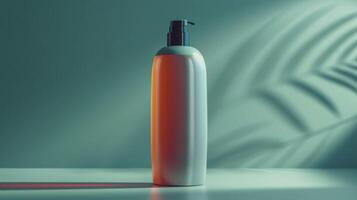 A bottle of lotion is sitting on a table in front of a green background photo