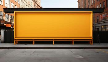 A large yellow billboard sits empty on a city street photo