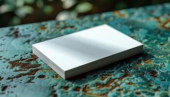 A white business card sits on a table photo
