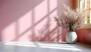 A white vase with dried flowers sits on a table in a room with a pink wall photo