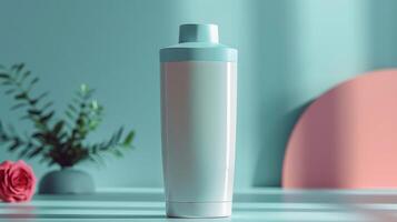 A white container with a blue lid sits on a table next to a pink rose photo
