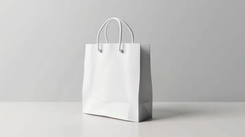 A white shopping bag sits on a table photo