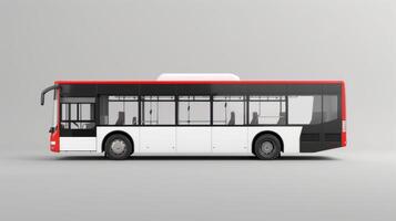 A white and red bus is parked on a grey surface photo