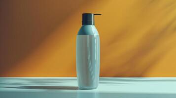 A bottle of lotion sits on a table in front of a yellow wall photo