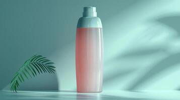 A bottle of pink liquid is sitting on a table next to a leaf photo