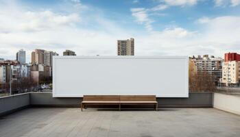 A large white billboard sits on a rooftop in a city photo