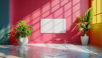 A room with a white wall and a white wall with a white picture frame photo
