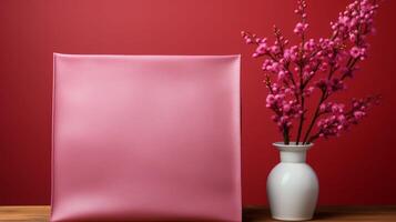 A pink purse sits on a table next to a vase of flowers photo