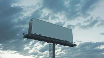 A large billboard is on a pole in the sky photo