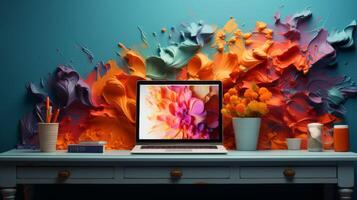 A laptop is on a desk with a colorful background of paint splatters photo