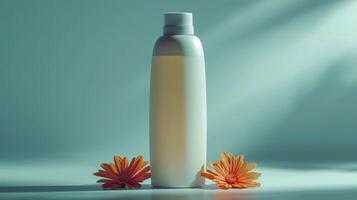 A bottle of lotion is on a table next to some flowers photo